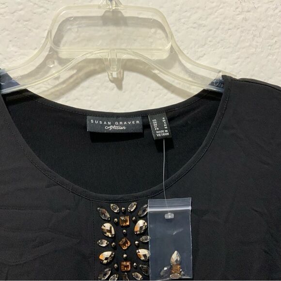 NWOT Susan Graver Artisan Liquid Knit Black Top Overlay Jewel Embellished Small - Picture 4 of 13